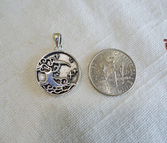 Small Sterling Silver Moon and Clouds Pendant, Soldered Bail