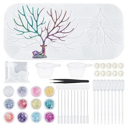 DISCONTINUED - Silicone Mold Kit - Elk Jewelry Display - 3 Antler Sizes - Color Flakes, Tweezers, Finger Gloves, Pipettes, Stirring Rods