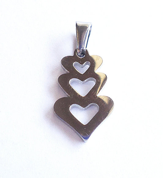Small Stainless Steel Stacked Hearts Pendant with Bail - 23mm x 11mm