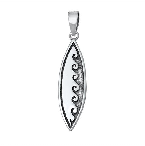 Surfboard with Waves Pendant with Bail, Sterling Silver, 22mm Tall x 7mm Wide