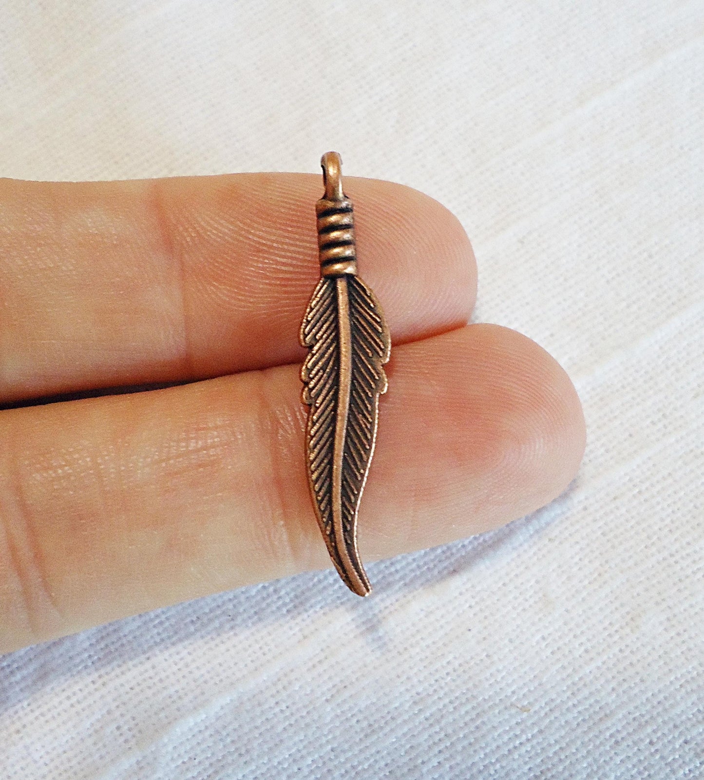 Small Feather Charms, Antique Copper, 1.25" Long, Bulk Quantities