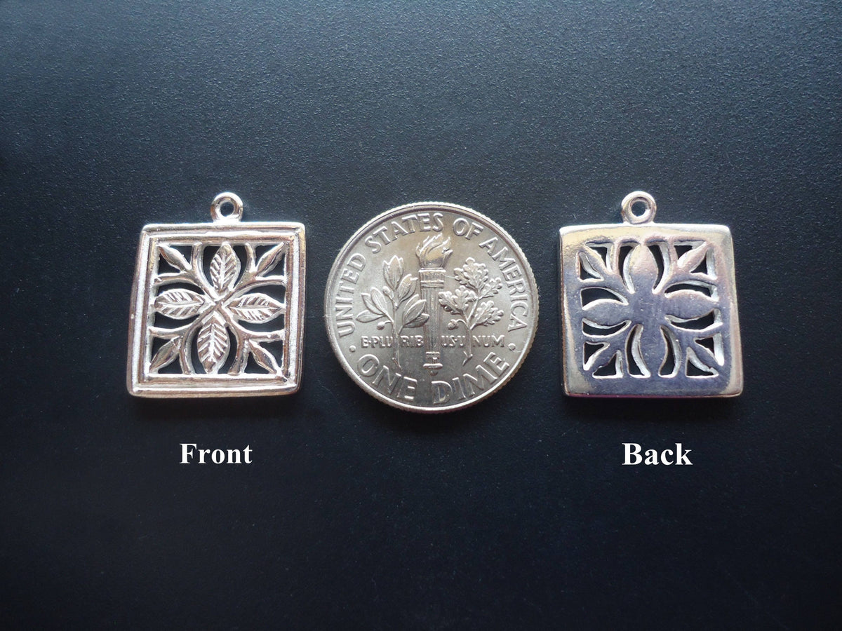 Sterling Silver Square Flower Pendant / Charm - 14mm Square