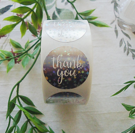 Stickers, 'Thank You', Holographic, Metallic Silver, 1 inch Wide, Packaging, Labels, Bulk quantities