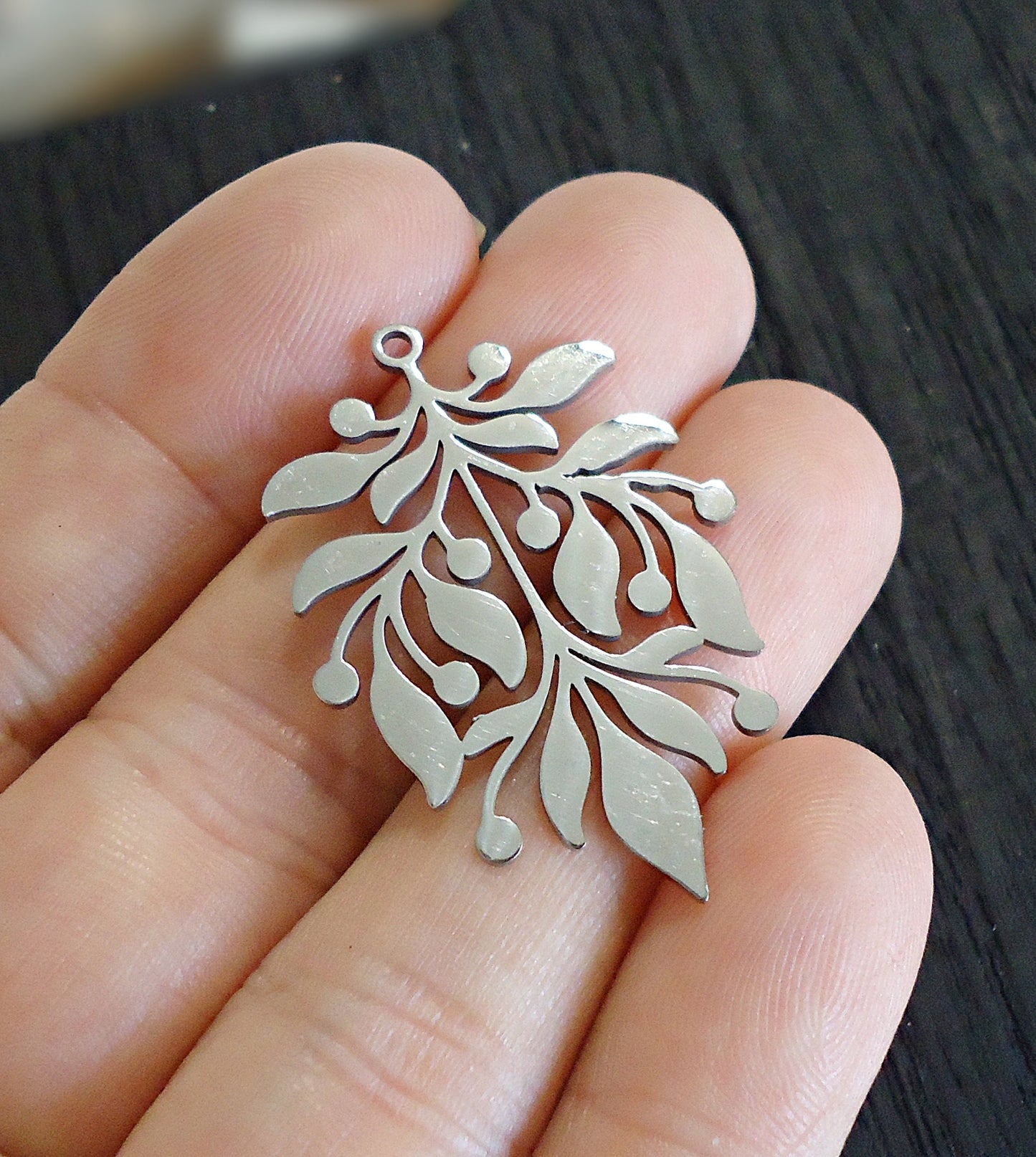 Stainless Steel Large Leaf Pendant Focal, 1 3/8" Long, Silver, Laser-cut