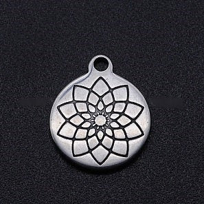 Small Stainless Steel Charm with Etched Flower - 12mm Round - Set of 5