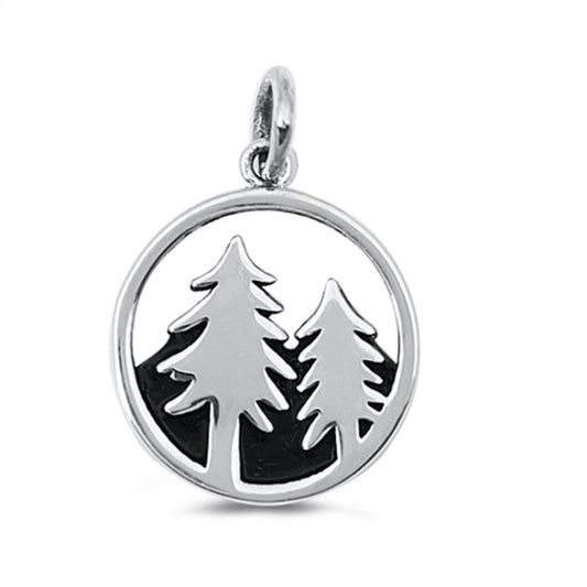 Small Sterling Silver Pine Trees Pendant Charm, 14mm Wide