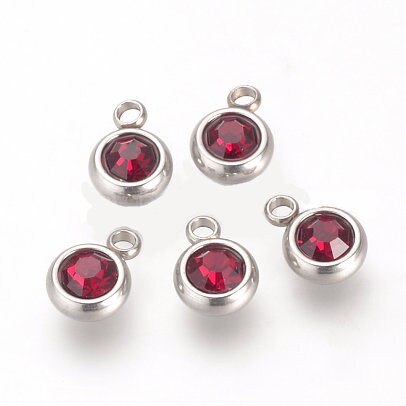 Small Stainless Steel Birthstone Charms - 6mm - Set of 12 - Glass Rhinestones, Hypoallergenic, Non-Tarnishing