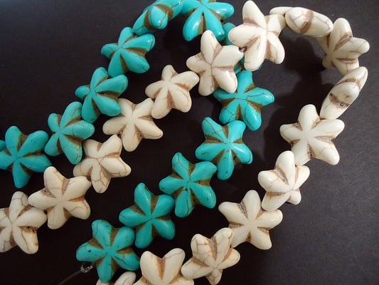 Starfish Beads, 22mm, Stone, Synthetic Turquoise or Natural Off-White, Pendant, Alabaster White, Distressed, Antique