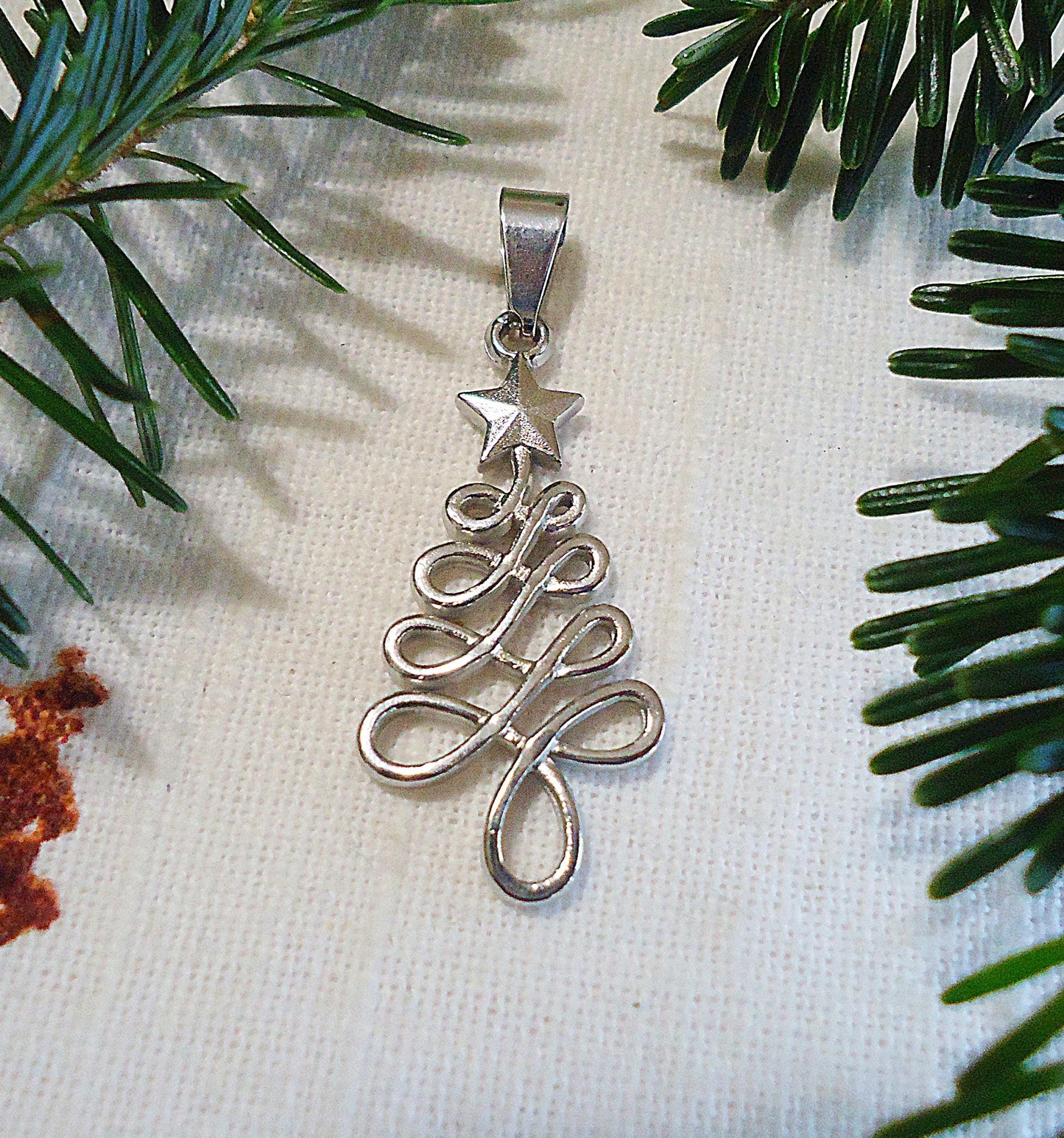 Christmas Tree Pendant, Stainless Steel, Gold or Silver, Non-Tarnishing Hypoallergenic Christmas Tree with Star Pendant, 1.25" Tall