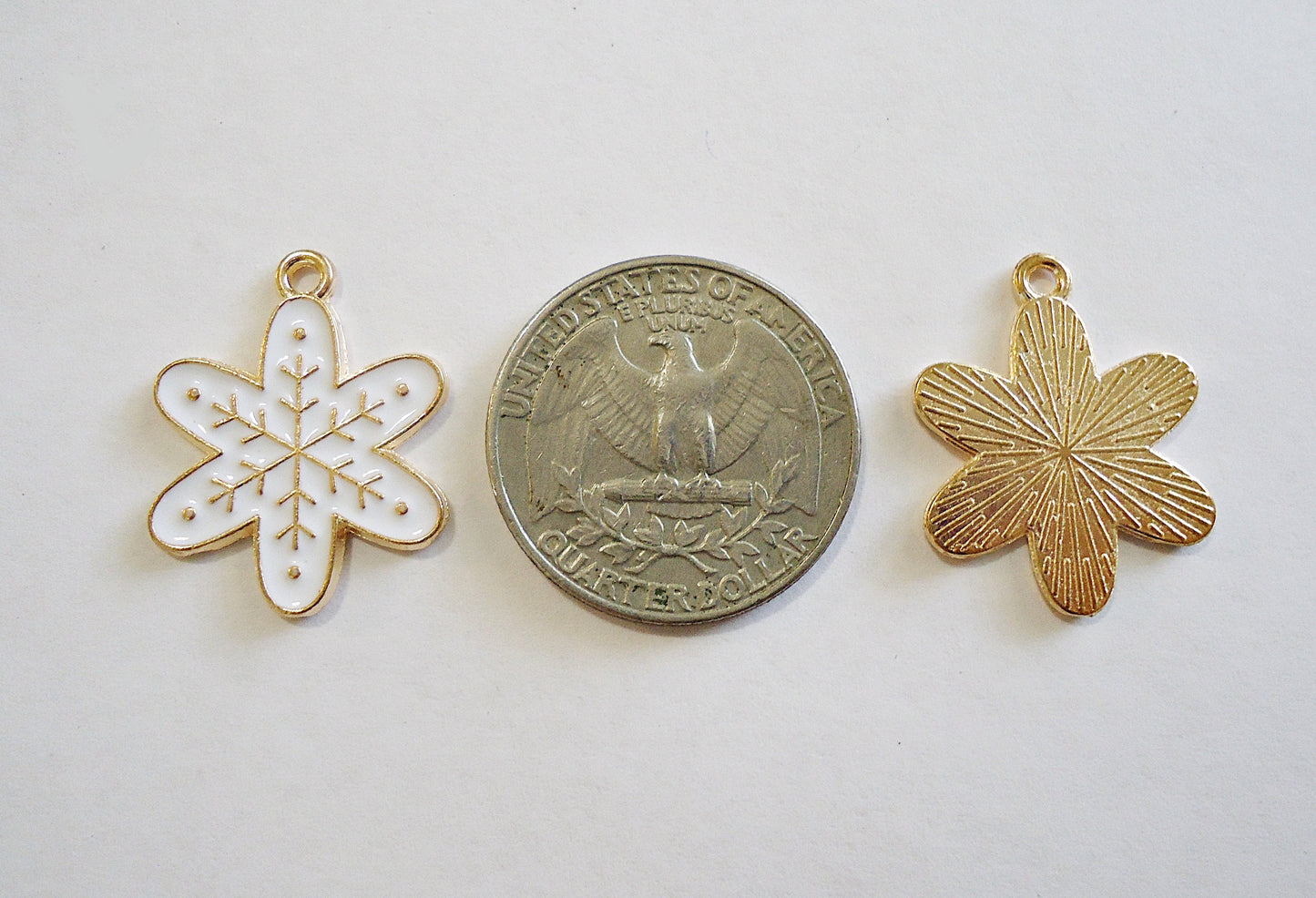 Gold & White Enameled Snowflake Pendants / Charms, Set of 10, 3/4" Wide, Winter, Christmas