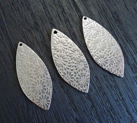 Stainless Steel Marquise Drops, 1.5 " Tall x 5/8" Wide, Stamped Floral Design, Pendant, Silver, Set of 2