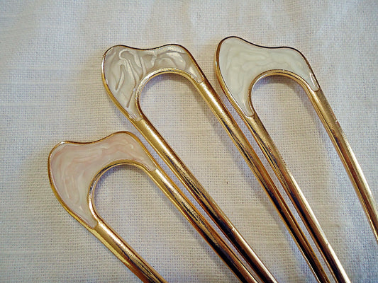 Faux Mother of Pearl Double Hair Stick, Hair Fork, Gold Plated Metal Alloy, 4.25" Long, Resin Swirl, Gold Swirl, Smooth White, Pale Pink