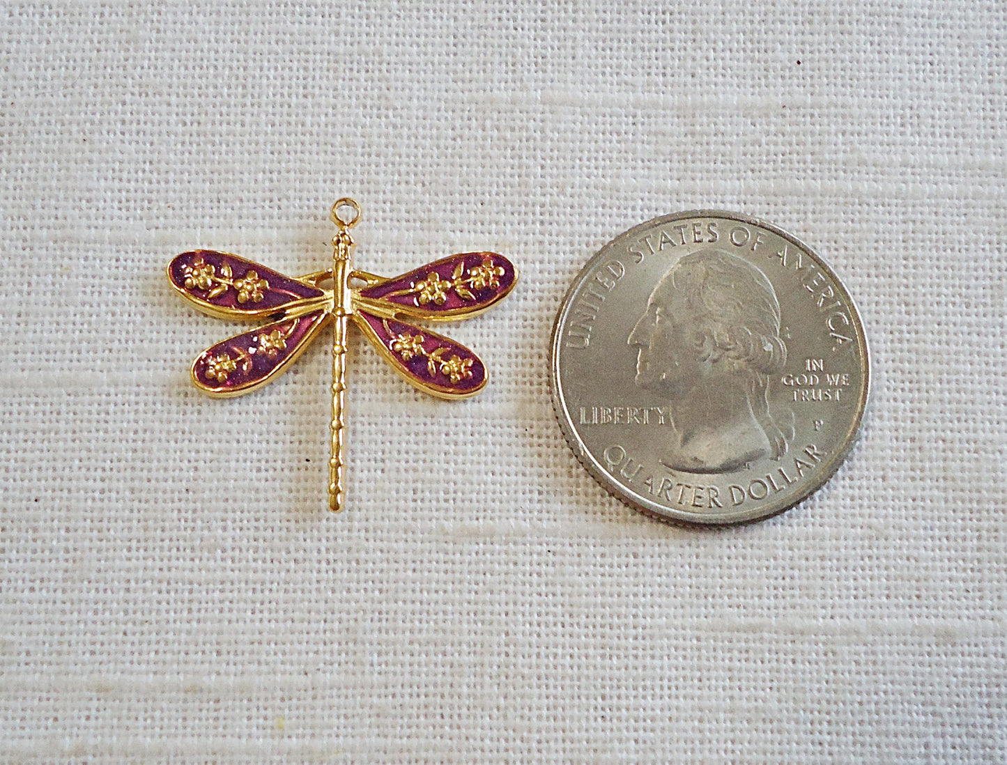 Enameled Dragonfly Pendant, Purple and Gold, Stainless Steel, 1"