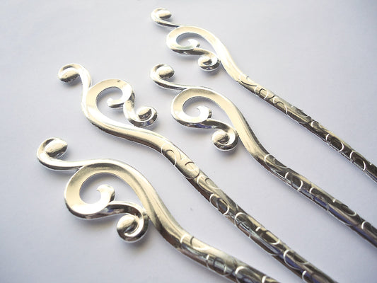Metal Hair Sticks with Large Swirls - Bright Silver - 6.25" Long