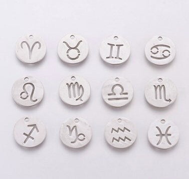 Stainless Steel Zodiac Charms, 12 Piece Set, 12mm Round