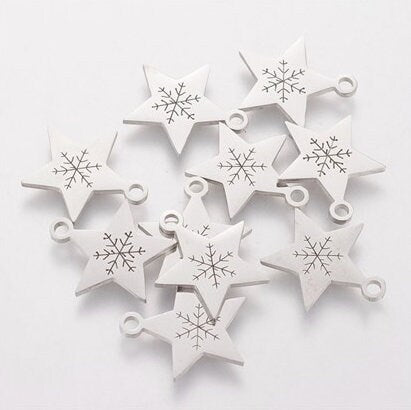 Small Stainless Steel Stars with Snowflakes, Christmas / Winter Charms - 15mm x 14mm - Set of 10