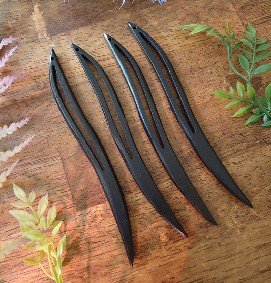 Wooden Hair Sticks - Black Wavy with Hole for Embellishing - 6.5" Long - Hair Stick Blanks