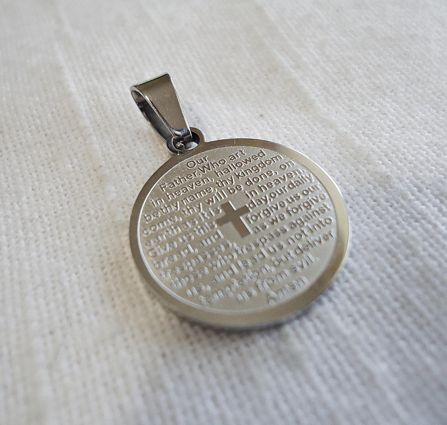 Lords Prayer Pendant, Stainless Steel, Round Silver Pendant, 3/4" Wide