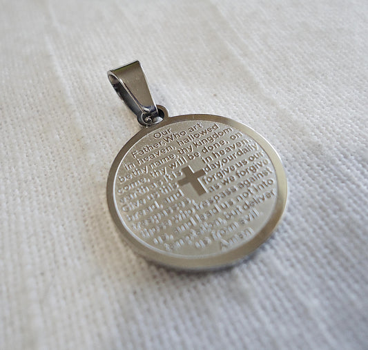 Lords Prayer Pendant, Stainless Steel, Round Silver Pendant, 3/4" Wide