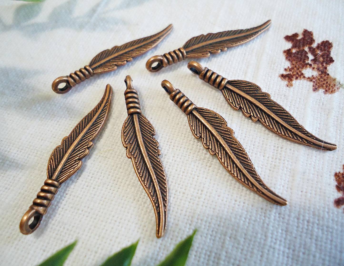 Small Feather Charms, Antique Copper, 1.25" Long, Bulk Quantities