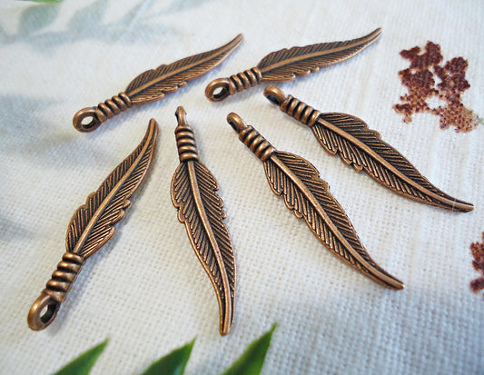 Small Feather Charms, Antique Copper, 1.25" Long, Bulk Quantities