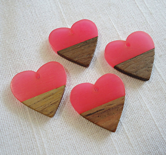 Heart Pendants, Resin and Wood, Bright Pink and Walnut, 1" Wide