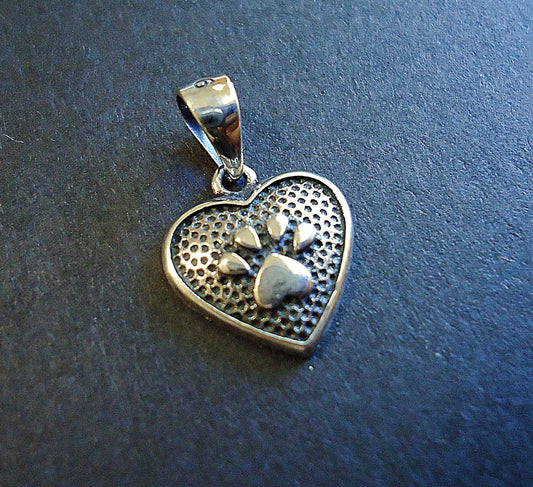 Small Sterling Silver Paw Print Heart Pendant - 11.5mm Tall, Soldered Bail