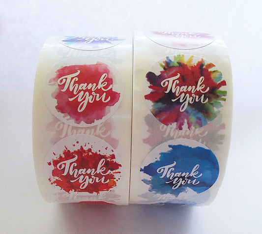 500 Thank You Stickers, Watercolor Paints Design, 1 inch Wide, Packaging, Labels, Bright and Colorful