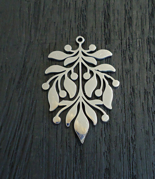 Stainless Steel Large Leaf Pendant Focal, 1 3/8" Long, Silver, Laser-cut