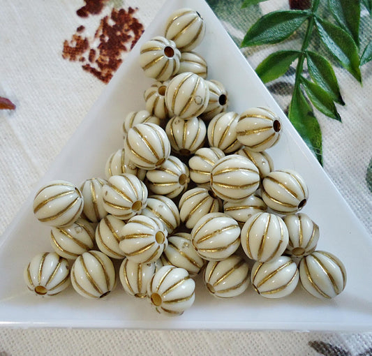 Fluted Beads, 7.5mm, Off-white and gold laced, Acrylic Pumpkins, Bulk Quantities