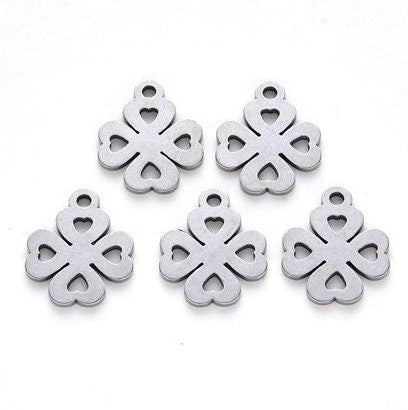 Stainless Steel Shamrocks, Four Leaf Clover Charms, 18mm x 15mm, Set of 10