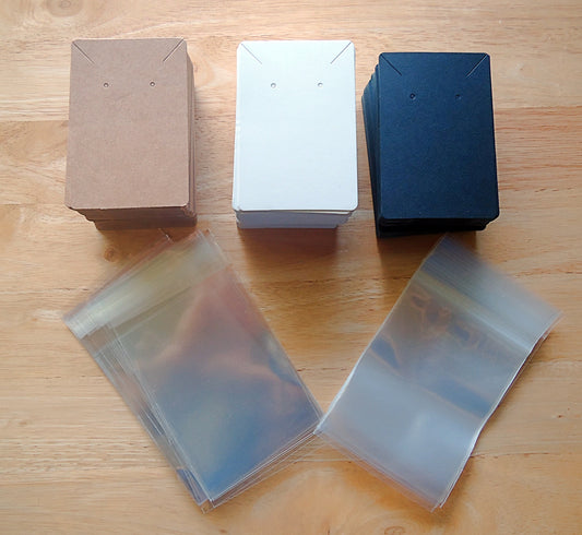 100 Necklace and Earring Paper Display Cards and Bags, Matte White, Kraft Brown, Black, 9x6cm