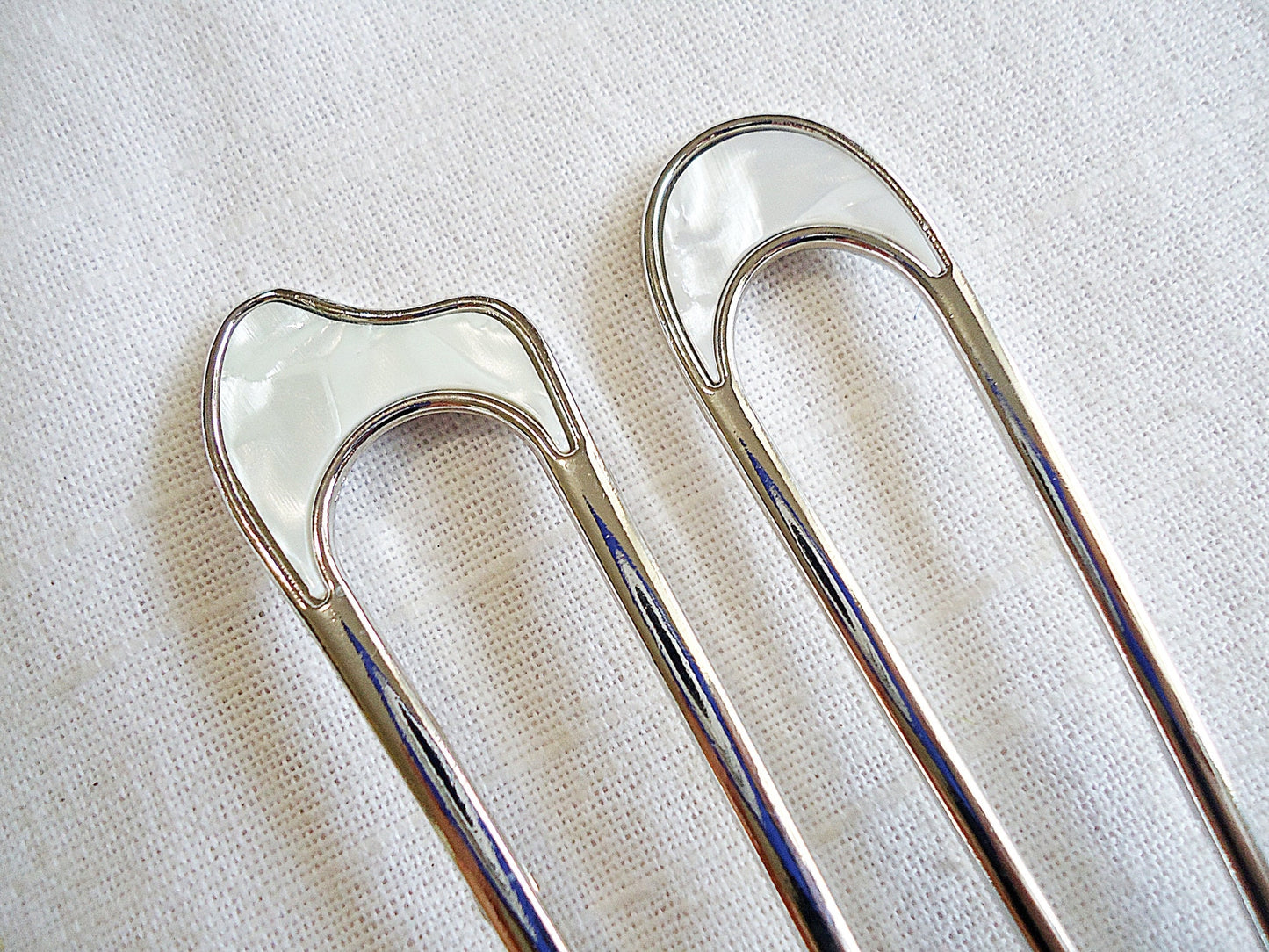 Mother of Pearl Double Hair Stick, Hair Fork, Silver or Gold Plated Metal Alloy, 4.25" Long
