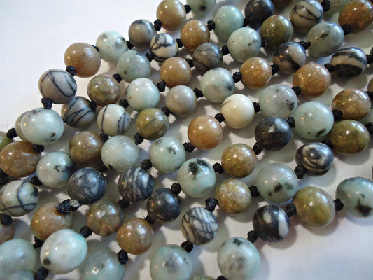 8mm Round Mixed Gemstones, 61" Strand, Black Silk Stone, Sesame Jasper, Unakite, Greens, Blacks, 153 Round Gemstone Beads