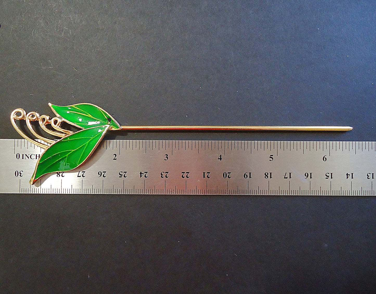 Hair Stick, Shawl Pin, Gold Plated and Green Enameled Leaves, 6.5" Long, Hair Pin Blank