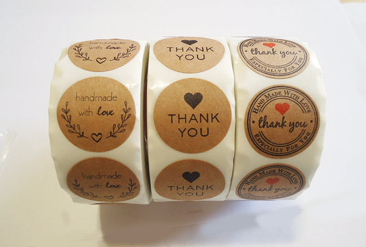 500 Stickers, 1 Inch Wide, Thank You, Handmade with Love, Especially For You, Kraft Brown, Packaging, Labels