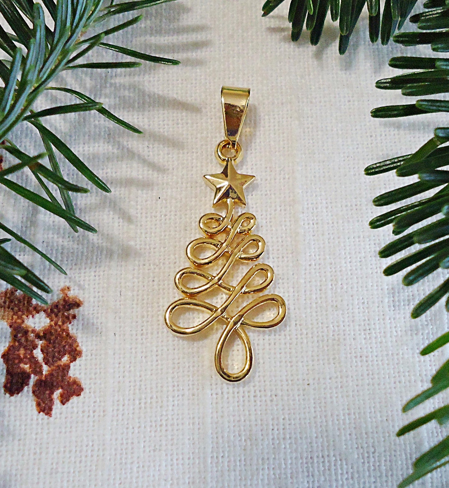 Christmas Tree Pendant, Stainless Steel, Gold or Silver, Non-Tarnishing Hypoallergenic Christmas Tree with Star Pendant, 1.25" Tall