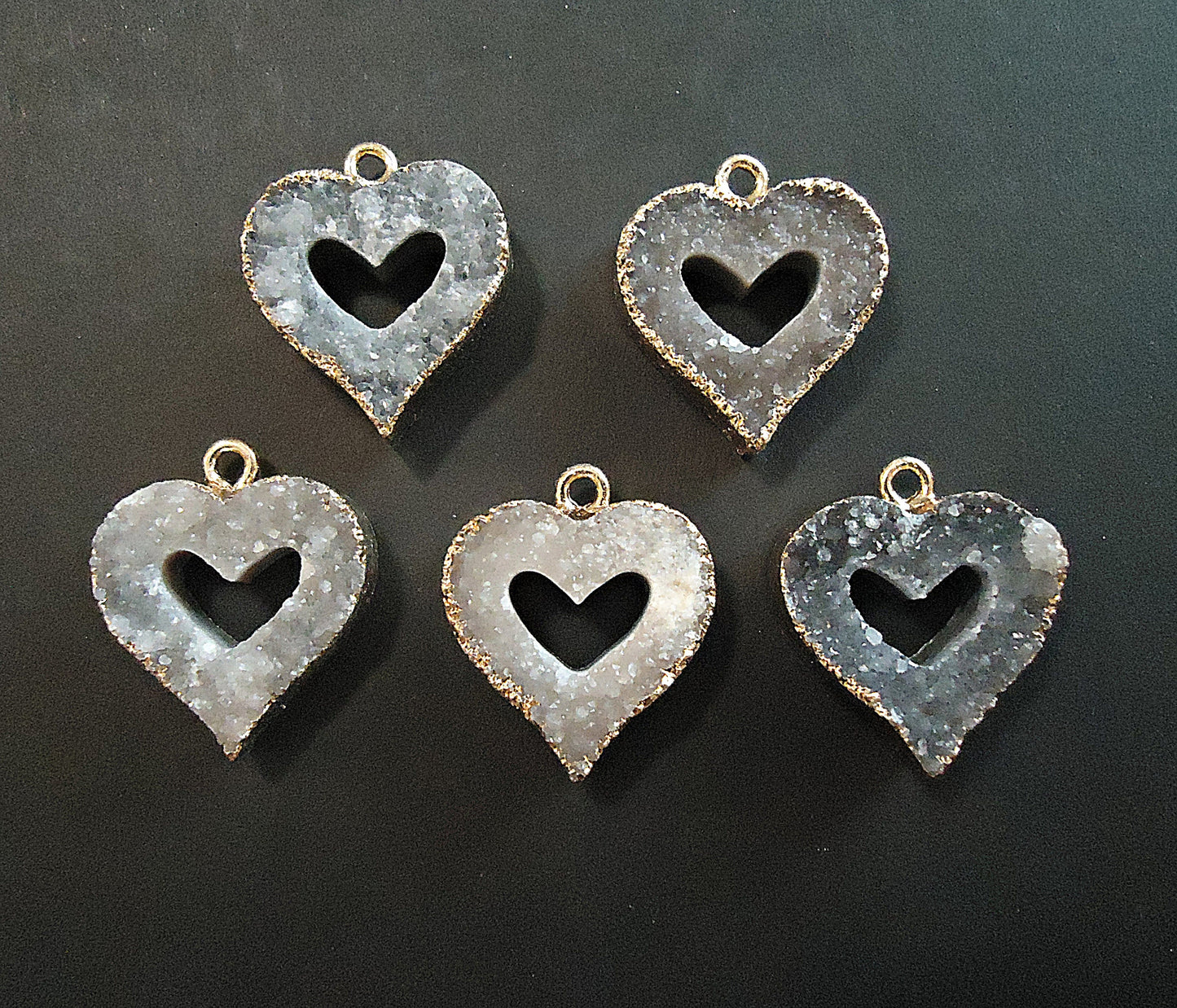 Natural Druzy Heart Pendant, Gold Trim, Cut Stone, Gray