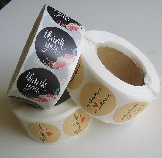 500 Stickers, 'Thank You', Black with Flowers, 1 inch Wide, Packaging, Labels