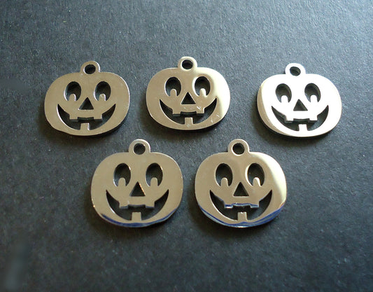 Small Stainless Steel Jack-o-Lantern Pumpkin Charms - Halloween Charms - 12mm x 12mm - Sets of 10