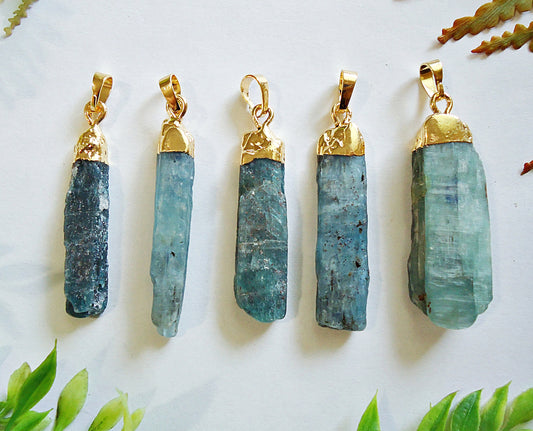 Natural Kyanite Pendants, 2" Tall, Gold Plated Bails, Aquamarine Color