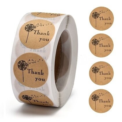 500 Stickers, 'Thank You' with Dandelions, Dark Kraft Brown, 1 inch Wide, Packaging, Labels
