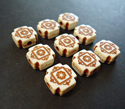 Square Cross Beads, Creamy White and Desert Brown, Acrylic, 10x10x5mm Square, Set of 25