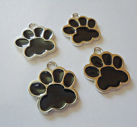 Black and Silver Enameled Paw Print Charms - 17mm Tall - Set of 10
