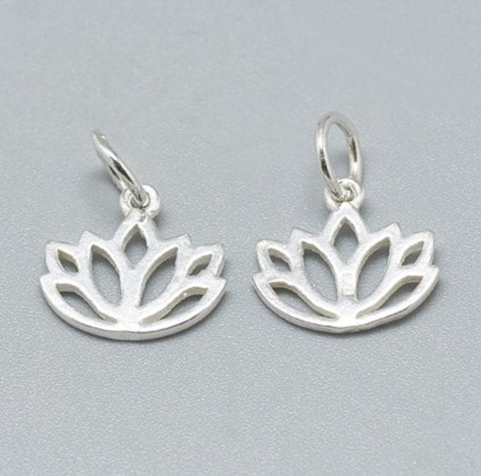 Small Sterling Silver Lotus Charms, 11mm Wide x 10mm Tall on Soldered Jump Ring