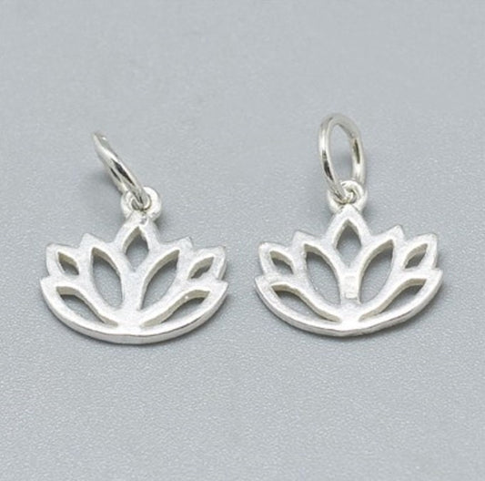 Small Sterling Silver Lotus Charms, 11mm Wide x 10mm Tall on Soldered Jump Ring
