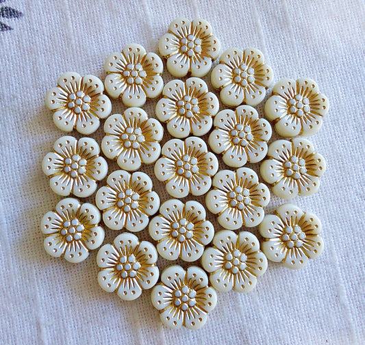 Acrylic Flower Beads, Alabaster White, Cream Colored with Gold Leaf Enlacing, Imitation Czech Glass Beads, 13mm