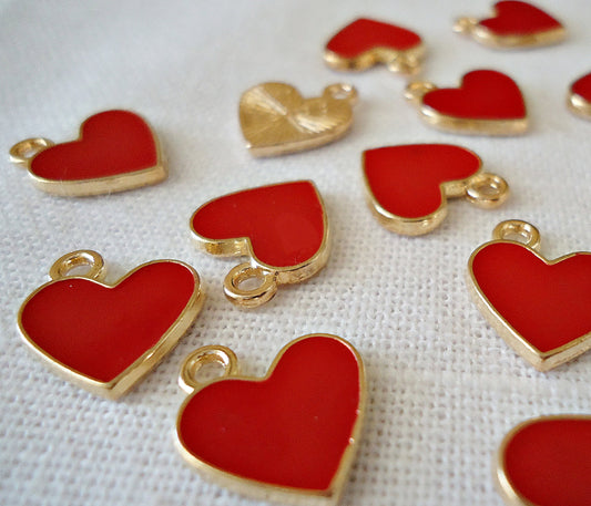 Small Red Heart Charms, Red Enameled and Light Gold, 1/2" Wide, Set of 10
