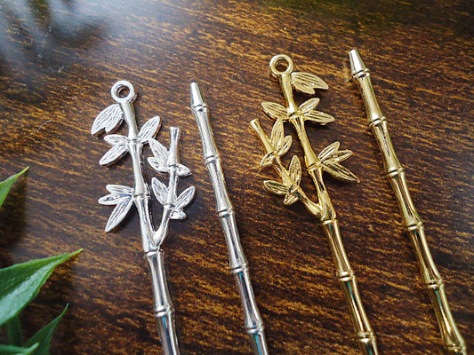 Bamboo Stem and Leaves Metal Hair Stick Blanks, 5.5 Inches Long, Bright Silver or Gold, Loop on Top for adding embellishments