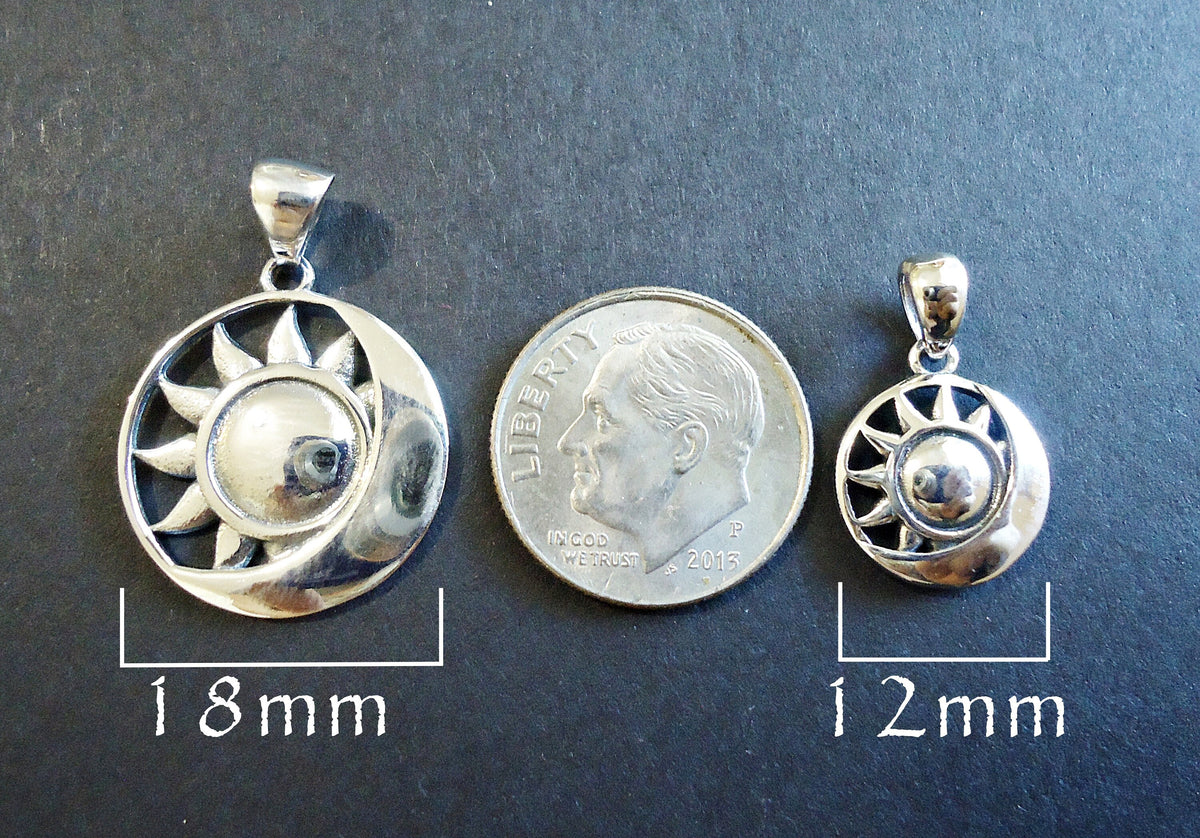 Sterling Silver Sun and Moon Round Pendant - 18mm OR 12mm